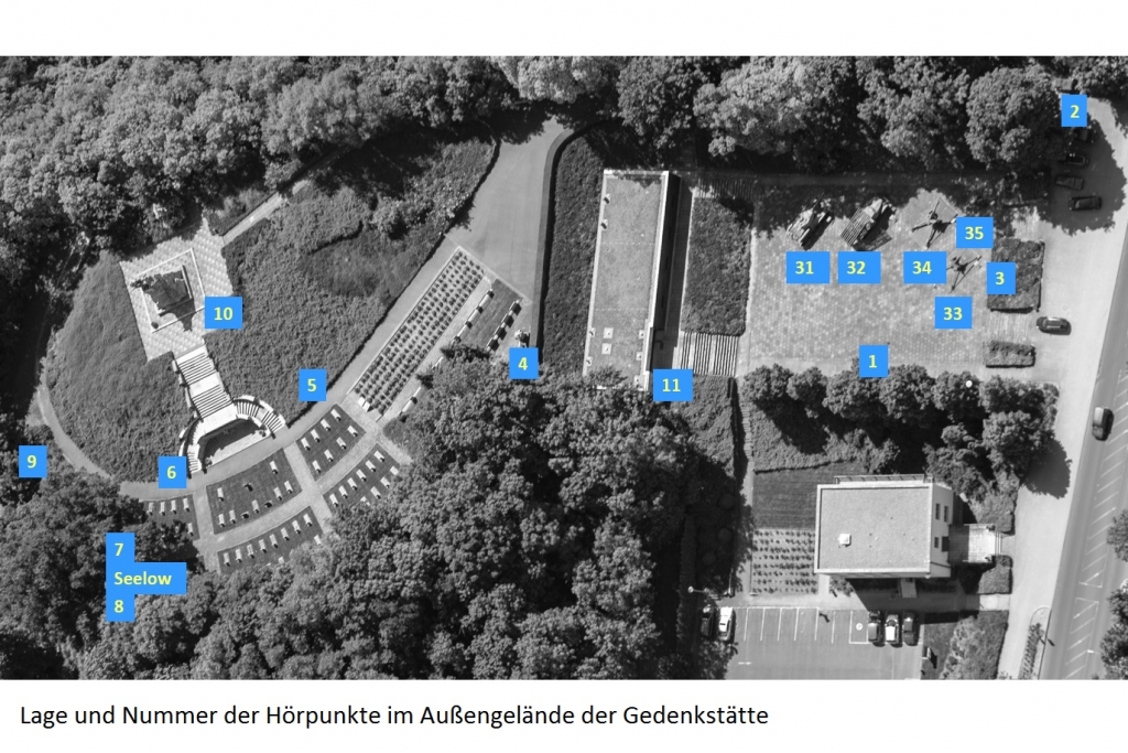 In einem Lageplan der Gedenkstätte Seelower Höhen sind die durchnummerierten Hörpunkte eingezeichnet